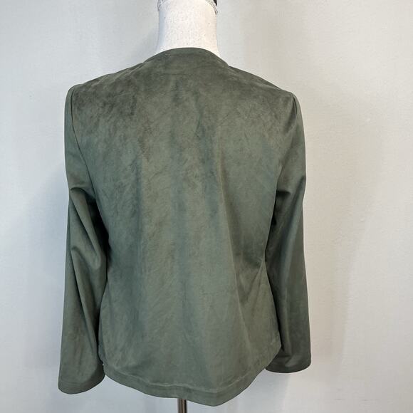 Chico's Waterfall Ruffle Open Front Blazer Jacket size 4 6/0 Olive Green Nubuck - Picture 7 of 8